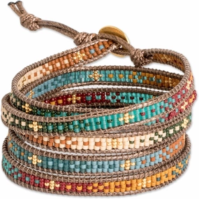 NOVICA Artisan Handcrafted Pewter Beaded Bracelet | Colorful Wrap | Pewter Button | Cultural Heritage | Glass Beads | Waxed Nylon Cord | Guatemala 'Cerro de la Cruz in Brown' 35" L x 0.3" W