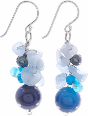 NOVICA Artisan Handmade Cultured Freshwater Pearl Aquamarine Cluster Earrings Unique .925 Sterling Silver Agate Glass Bead White Blue Thailand Scuba Birthstone 'Blue Love'