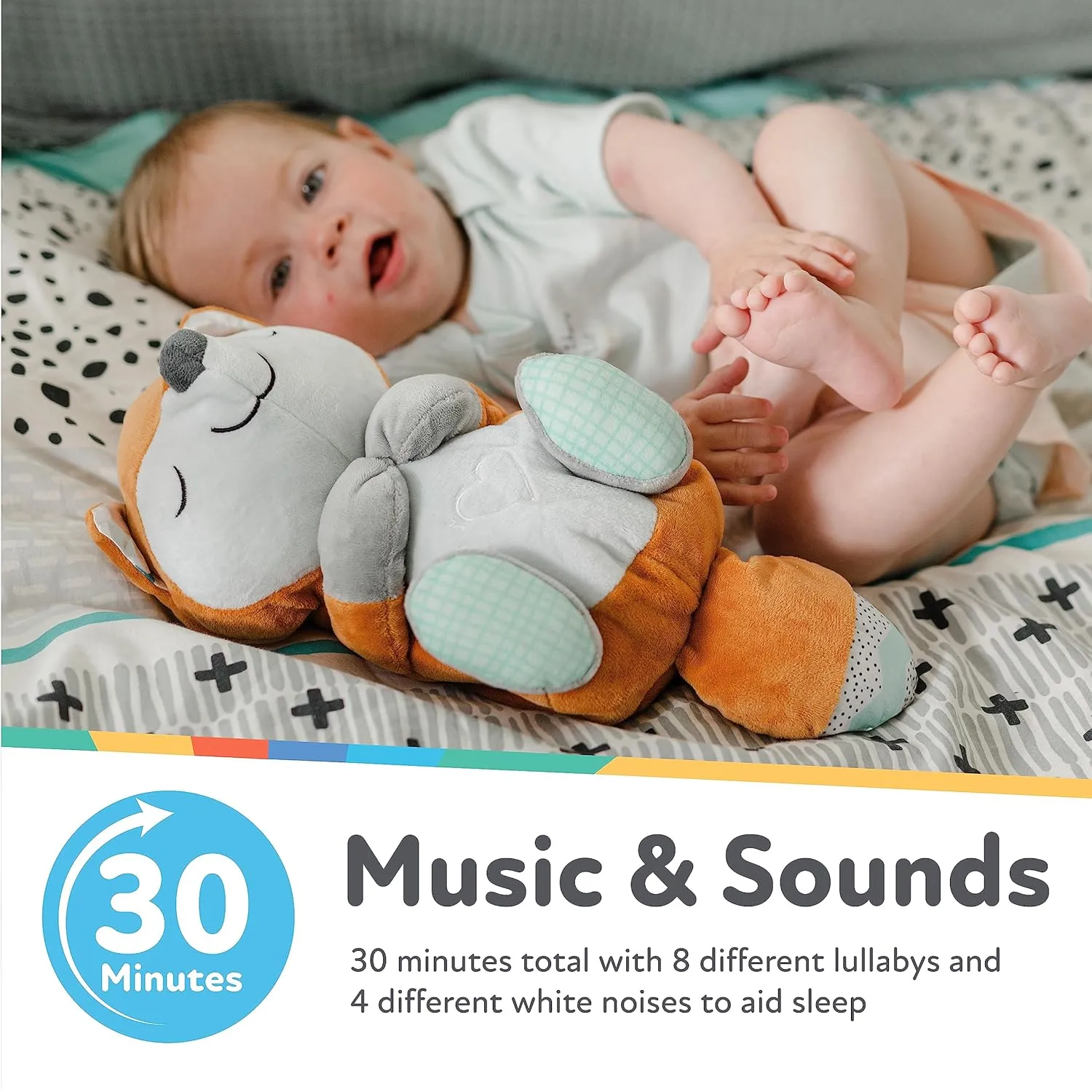 Nuby Lifelike Animated Sleeping Fox with 8 Soothing Lullabies & 4 Calming White Noises, 30 Min Non-Stop