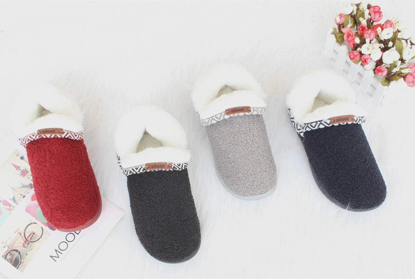 ofoot Women's Warm Fuzzy House Slippers with Back,Faux Fur Bedroom Shoes Soft Thick Memory Foam Plush Lining Indoor Outdoor Non Slip Rubber Soles