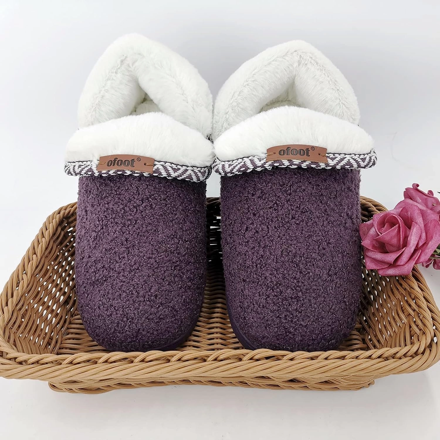 ofoot Women's Warm Fuzzy House Slippers with Back,Faux Fur Bedroom Shoes Soft Thick Memory Foam Plush Lining Indoor Outdoor Non Slip Rubber Soles