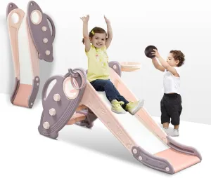 Onasti Kids Slide for Toddlers Age 1-3 Indoor Baby Plastic Slide Outdoor Climber Freestanding Playset with Basketball Hoop & Ring Game Pink