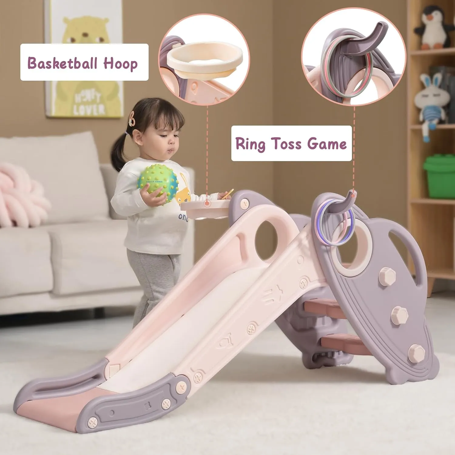 Onasti Kids Slide for Toddlers Age 1-3 Indoor Baby Plastic Slide Outdoor Climber Freestanding Playset with Basketball Hoop & Ring Game Pink