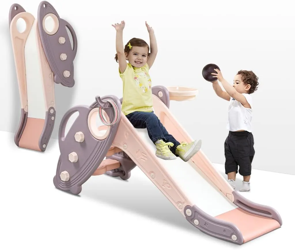 Onasti Kids Slide for Toddlers Age 1-3 Indoor Baby Plastic Slide Outdoor Climber Freestanding Playset with Basketball Hoop & Ring Game Pink