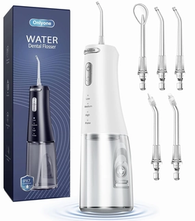 Onlyone Water Dental Flosser, 300ML Portable Oral Irrigator for Teeth, 4 Modes and 5 Jet Tips,Rechargeable Irrigation Cleaner,Electric Flossing Machine Power Flossers & Irrigator Accessories White