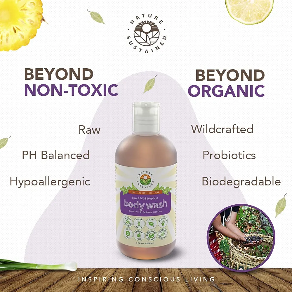 Organic Body Wash & Face Wash – Raw & Wildcrafted with Probiotics, Soapberry Formula for Eczema & Psoriasis - Wild Plants Selected for Sensitive & Dry Skin, 9oz, Original