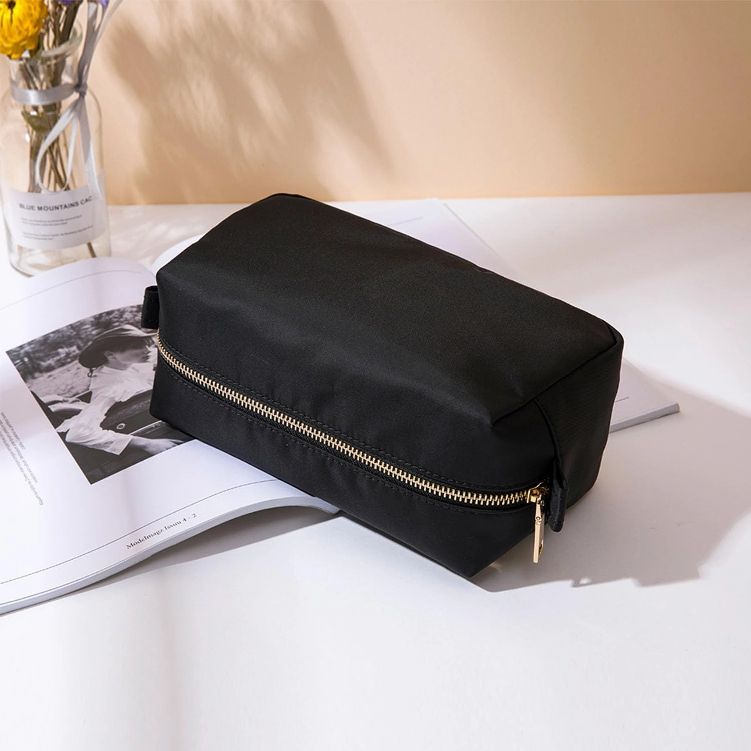 Organizer Bag Lightweight Cosmetic Bag with Ring Clasp Perfect Travel Makeup Bag for Women nylon Stand Up Design (Black/Nylon)