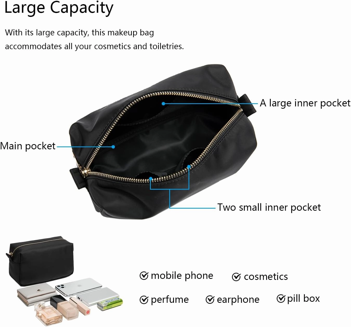 Organizer Bag Lightweight Cosmetic Bag with Ring Clasp Perfect Travel Makeup Bag for Women nylon Stand Up Design (Black/Nylon)