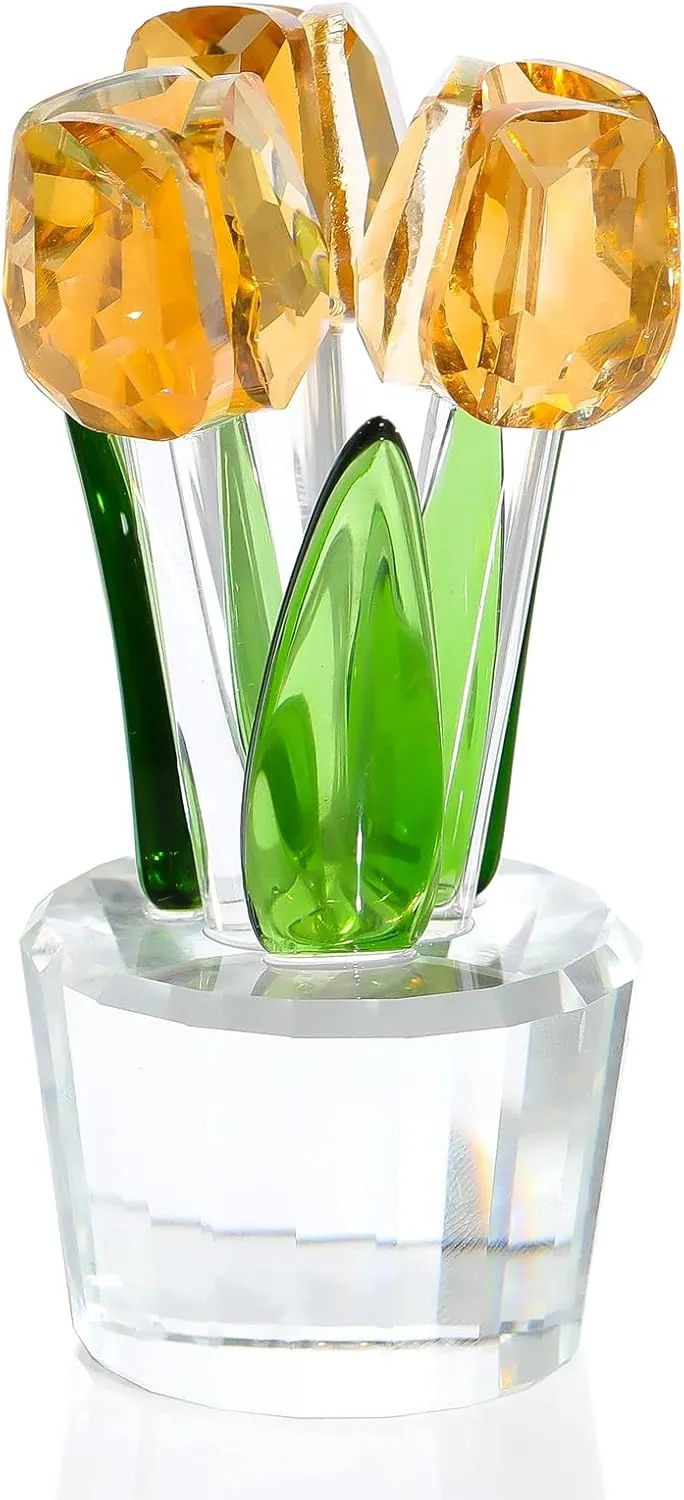 Ornalrist Gold Crystal Tulips Flower Figurines, Glass Tulips Bouquet Collectible Gifts Home Decor for Women Friends Christmas Valentine's Day
