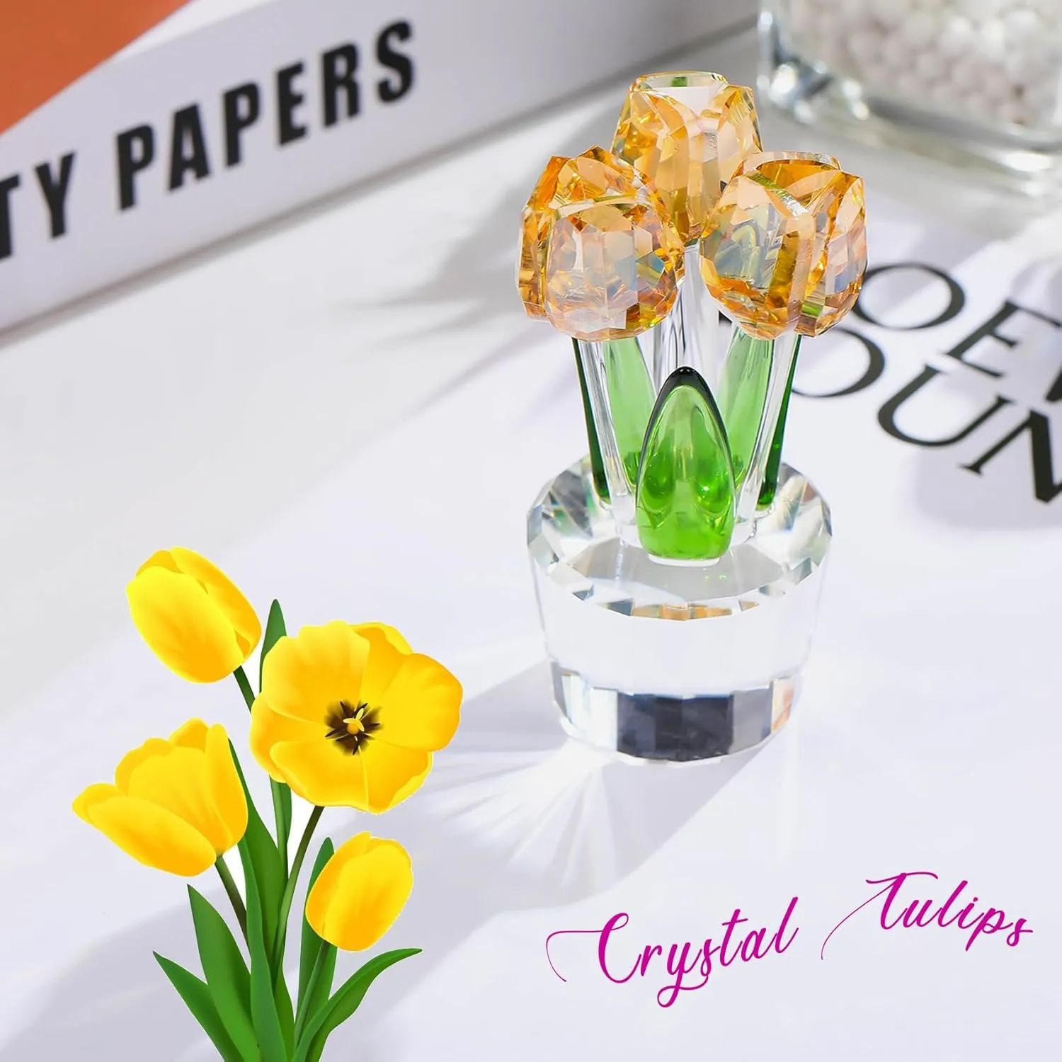 Ornalrist Gold Crystal Tulips Flower Figurines, Glass Tulips Bouquet Collectible Gifts Home Decor for Women Friends Christmas Valentine's Day