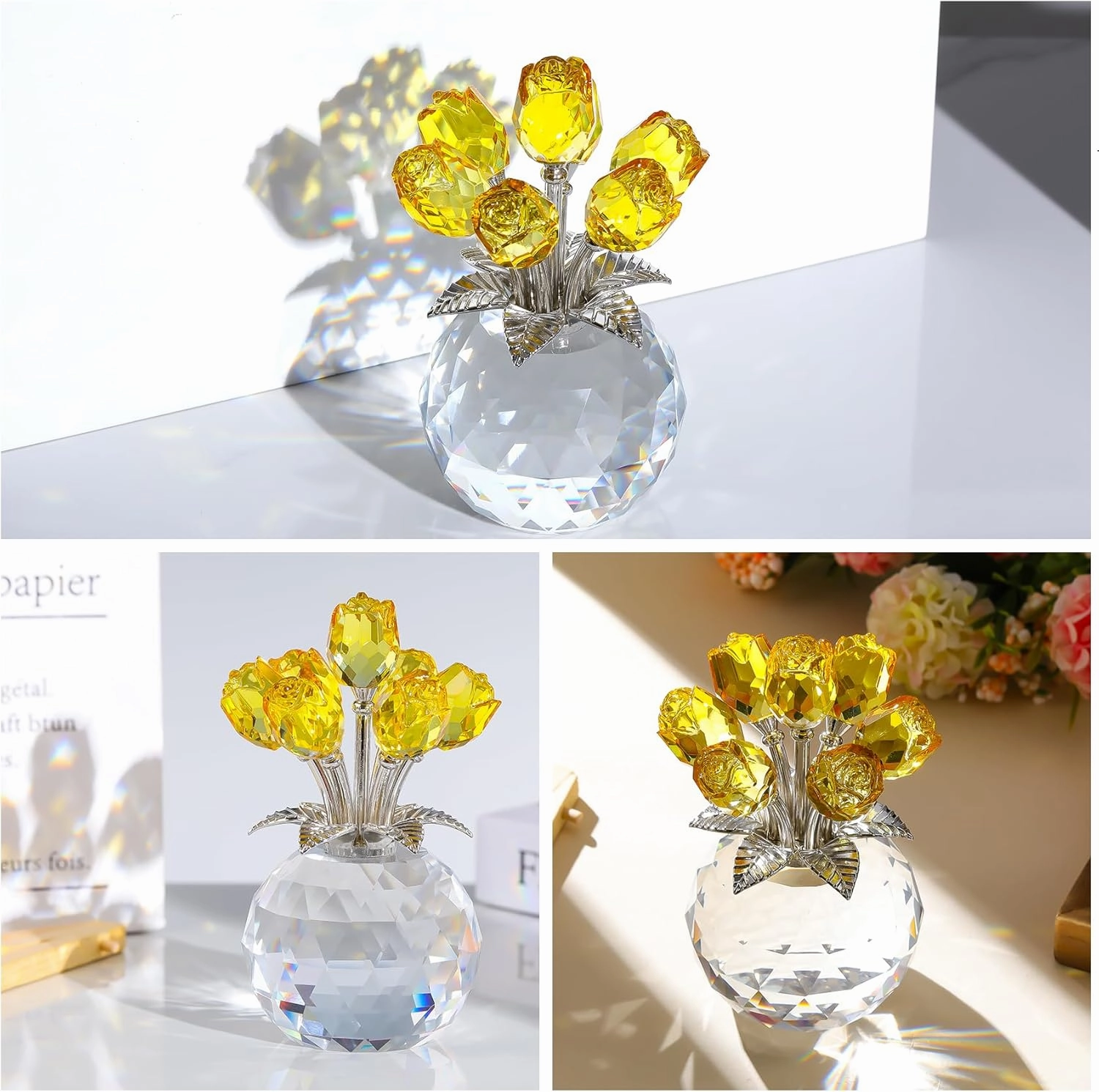 Ornalrist Crystal Yellow Rose Flower Collectible Figurine, Rose Bouquet Floral Romantic Gifts for Wife, Mom, Women on Mother's Day Valentine's Day Wedding Anniversary (5.11'' Gift Boxed)