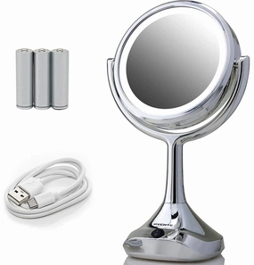 OVENTE 6" Lighted Tabletop Makeup Mirror, 1X & 5X Magnifier, Adjustable Double Sided Round LED, Battery & USB Plug Powered, Ideal for Cubicle or Vanity, Compact for Travel, Polished Chrome MMT06CH1X5X