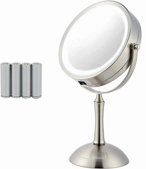 Ovente 7" Lighted Tabletop Makeup Mirror with 1X/8X Magnification, 360° Swivel Design and Double-Sided 4AAA Battery Operated Free-Standing Vanity Mirror for Dresser & Desk, Nickel Brushed MDT70BR1X8X