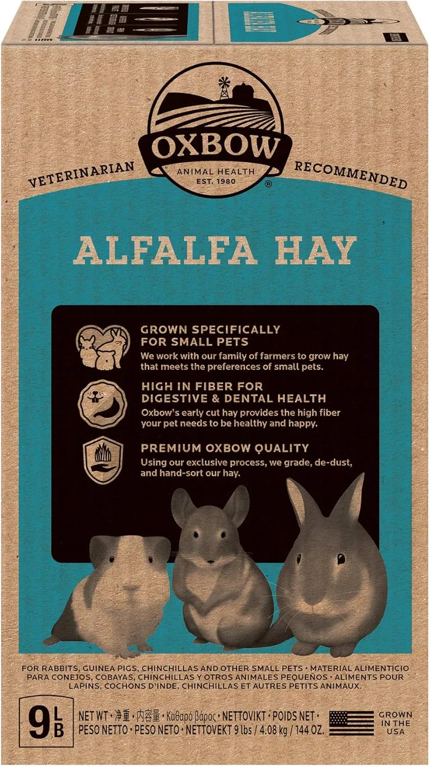 Oxbow Animal Health Alfalfa, Guinea Pig Hay, Rabbit Hay, Small Pet Bunny Supplies, All Natural Grass for Guinea Pig, Bunny, Chinchilla & Hamster, Oxbow Rabbit Supplies, Grown in USA, 9 lb box