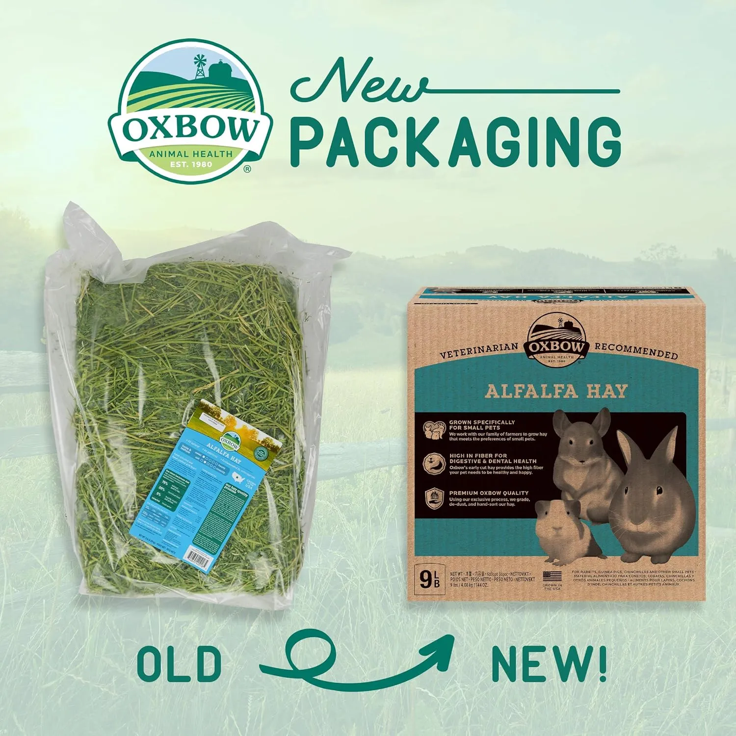 Oxbow Animal Health Alfalfa, Guinea Pig Hay, Rabbit Hay, Small Pet Bunny Supplies, All Natural Grass for Guinea Pig, Bunny, Chinchilla & Hamster, Oxbow Rabbit Supplies, Grown in USA, 9 lb box