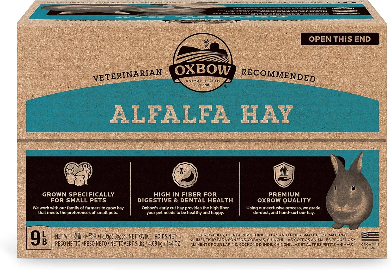 Oxbow Animal Health Alfalfa, Guinea Pig Hay, Rabbit Hay, Small Pet Bunny Supplies, All Natural Grass for Guinea Pig, Bunny, Chinchilla & Hamster, Oxbow Rabbit Supplies, Grown in USA, 9 lb box