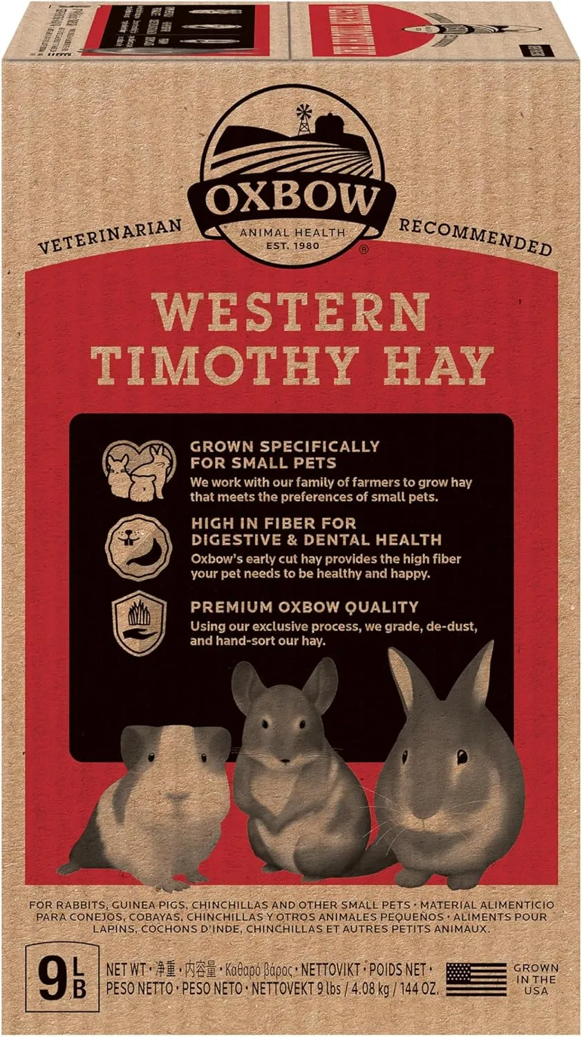 Oxbow Animal Health Western Timothy Hay, Guinea Pig Hay, Small Pet Bunny Supplies, All Natural Grass for Guinea Pig, Bunny, Chinchilla & Hamster, Oxbow Rabbit Supplies for Bunnies, 9 lb box