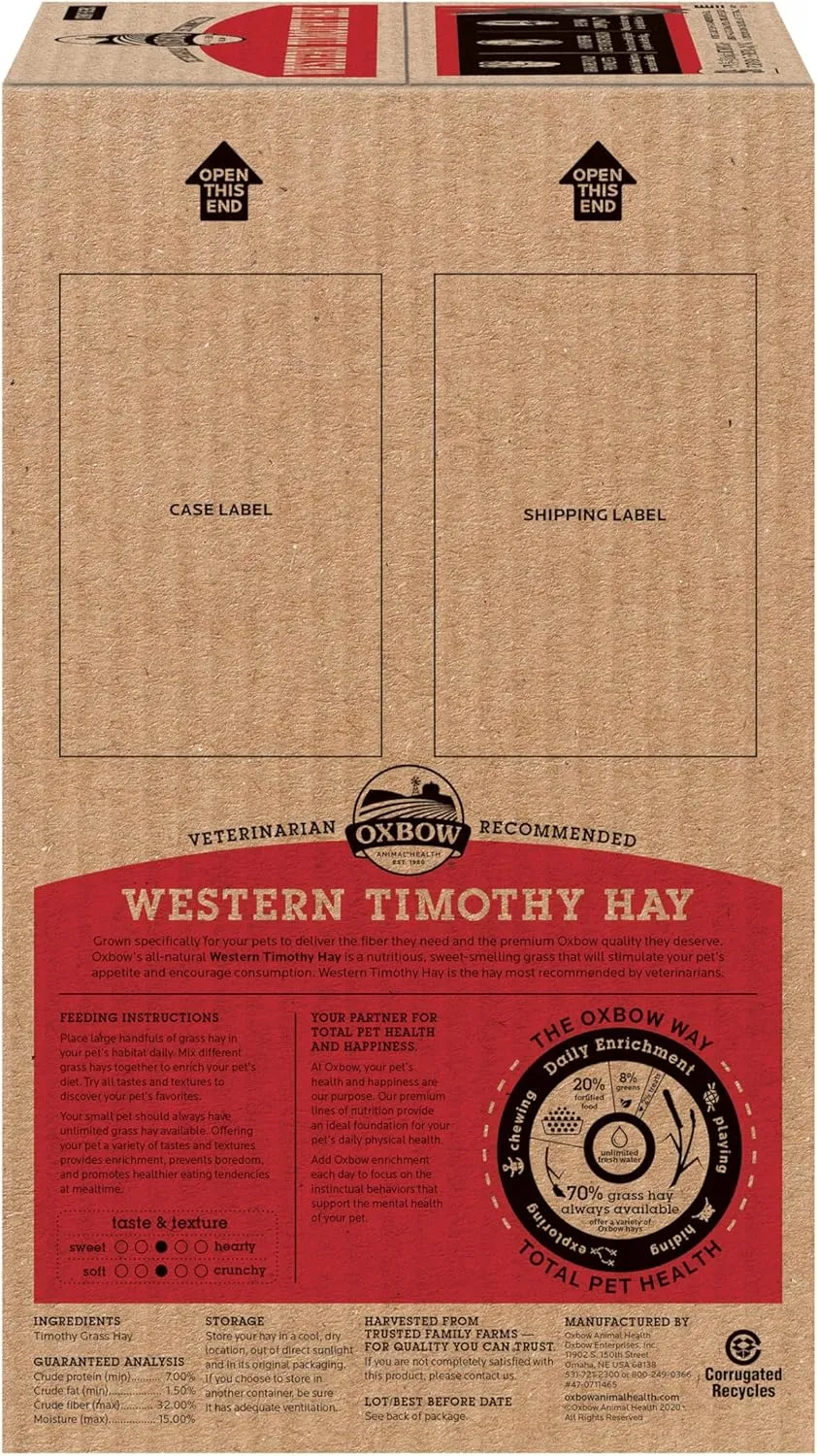 Oxbow Animal Health Western Timothy Hay, Guinea Pig Hay, Small Pet Bunny Supplies, All Natural Grass for Guinea Pig, Bunny, Chinchilla & Hamster, Oxbow Rabbit Supplies for Bunnies, 9 lb box