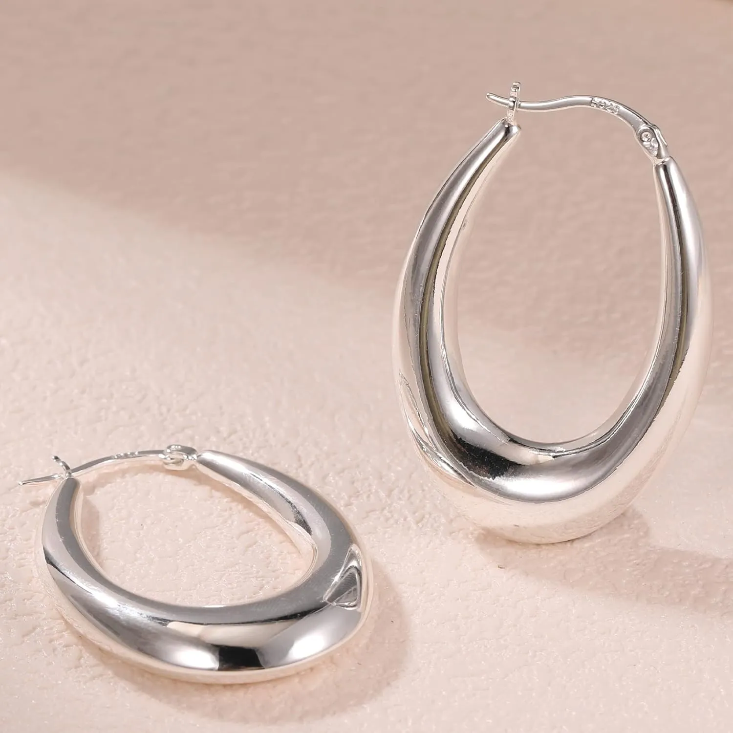 PABBEU Chunky Silver Hoops Earrings for Women, Hypoallergenic Lightweight 925 Sterling Silver Oval Hoop Earring, Sterling Silver Thick Hoop Earrings for Women 30/40/50mm