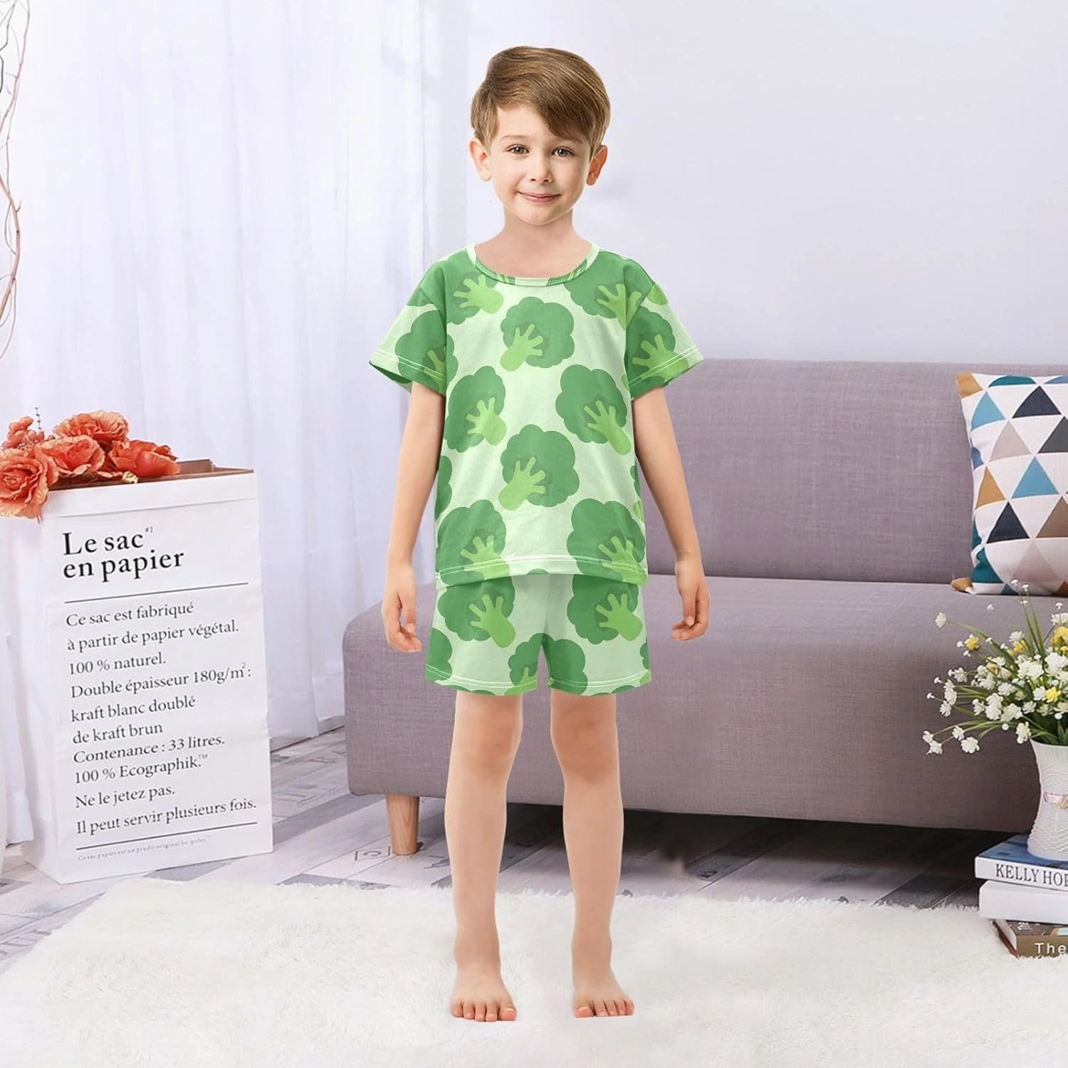 Pajama Short Sets Broccoli Cabbage Pattern Soft Cotton Summer Sleepwear 2 Piece PJS Size 5-14T