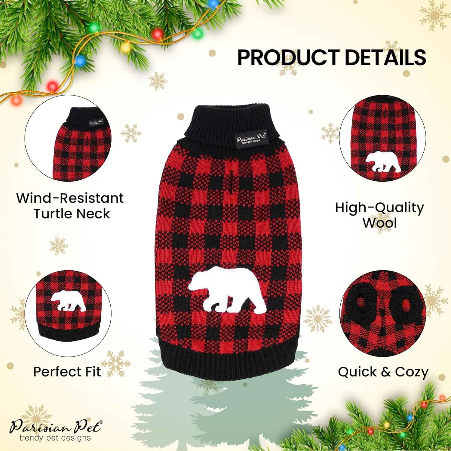 Parisian Pet Dog Sweaters - Pullover, Turtleneck Buffalo Checkered Sweater - Polar Bear Cable Knit Dog Outfit - Fall, Winter Dog Clothes - Flexible Dog Sweater for Medium Dogs - M