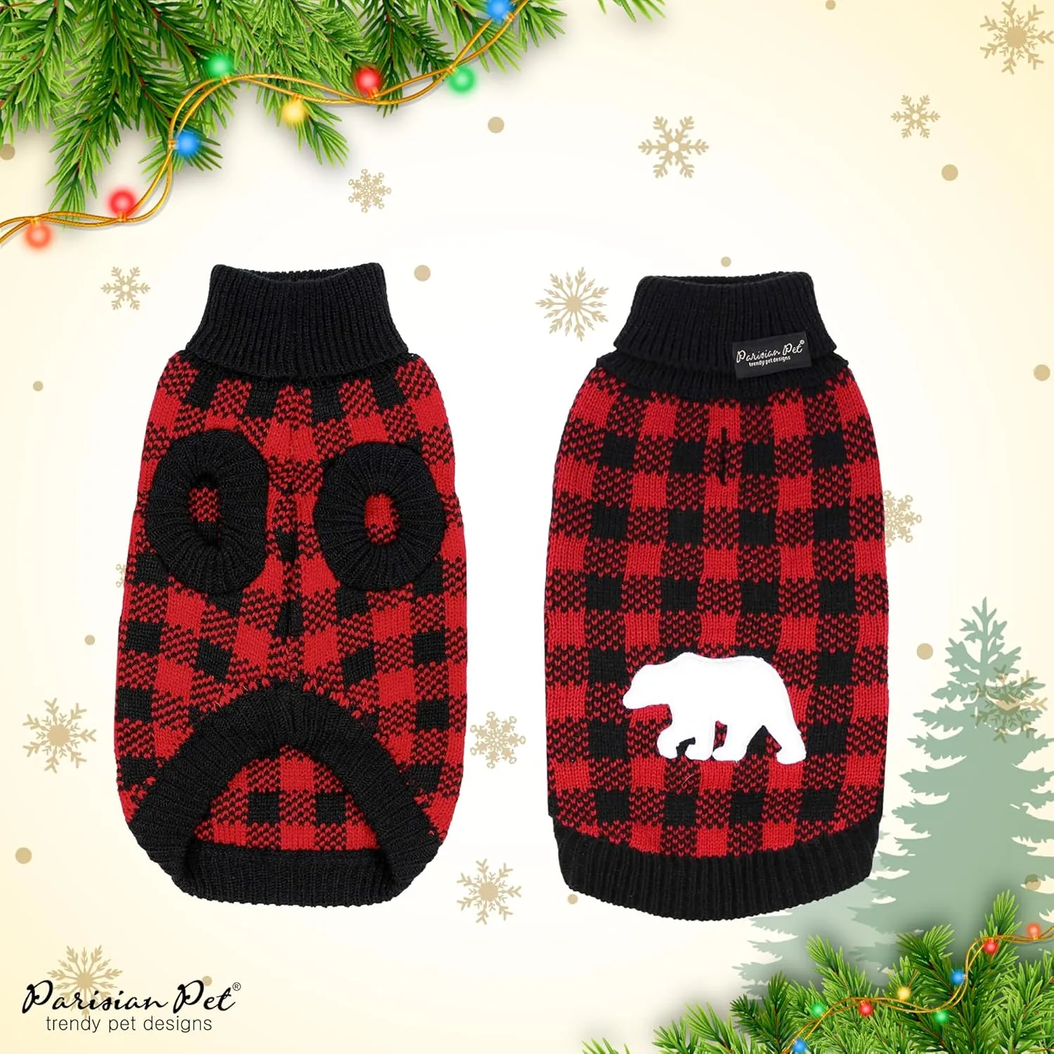Parisian Pet Dog Sweaters - Pullover, Turtleneck Buffalo Checkered Sweater - Polar Bear Cable Knit Dog Outfit - Fall, Winter Dog Clothes - Flexible Dog Sweater for Medium Dogs - M