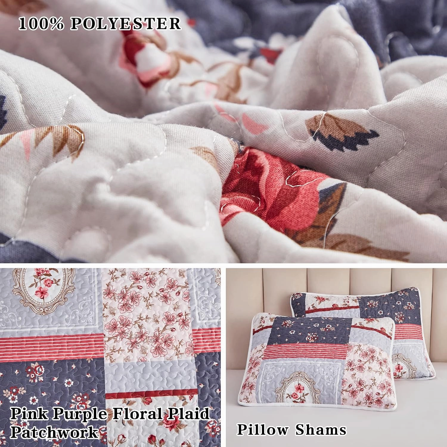 Patchwork Quilt Set Full/Queen Size, 3 Pieces Pink Purple Floral Plaid Summer Bedspread Coverlet Set, Soft Microfiber Lightweight Bed Cover for All Season (90" x 90", 1 Quilt  2 Pillow Shams)