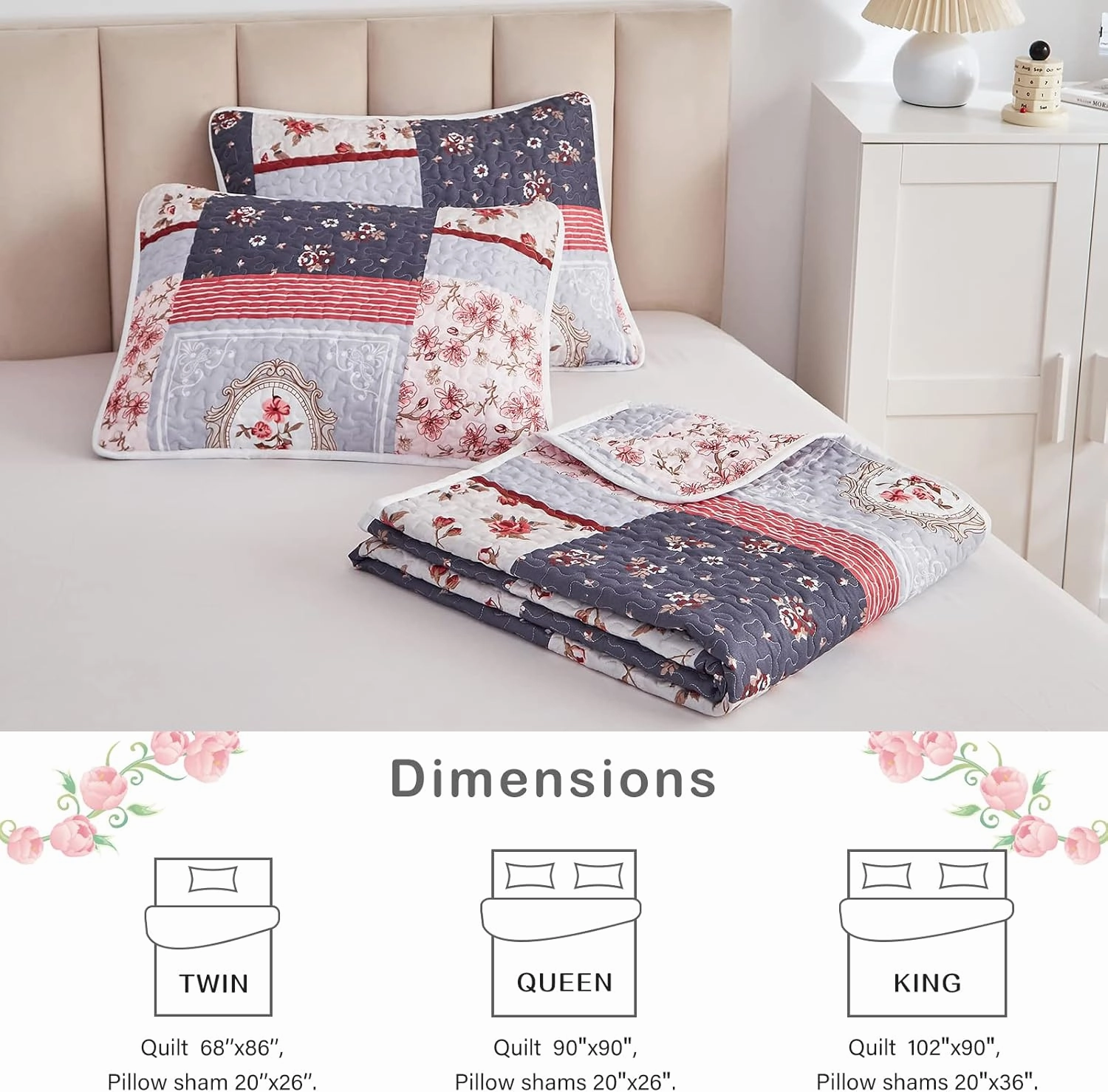 Patchwork Quilt Set Full/Queen Size, 3 Pieces Pink Purple Floral Plaid Summer Bedspread Coverlet Set, Soft Microfiber Lightweight Bed Cover for All Season (90" x 90", 1 Quilt  2 Pillow Shams)