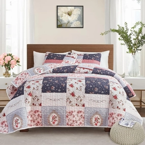 Patchwork Quilt Set Full/Queen Size, 3 Pieces Pink Purple Floral Plaid Summer Bedspread Coverlet Set, Soft Microfiber Lightweight Bed Cover for All Season (90" x 90", 1 Quilt  2 Pillow Shams)
