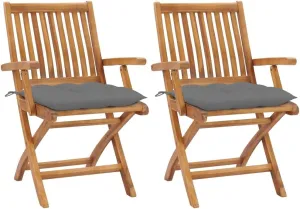 Patio Chairs 2pcs with Gray Cushions Solid Teak Wood Outdoor Furniture Foldable Camping Chairs for Patio Garden Pool