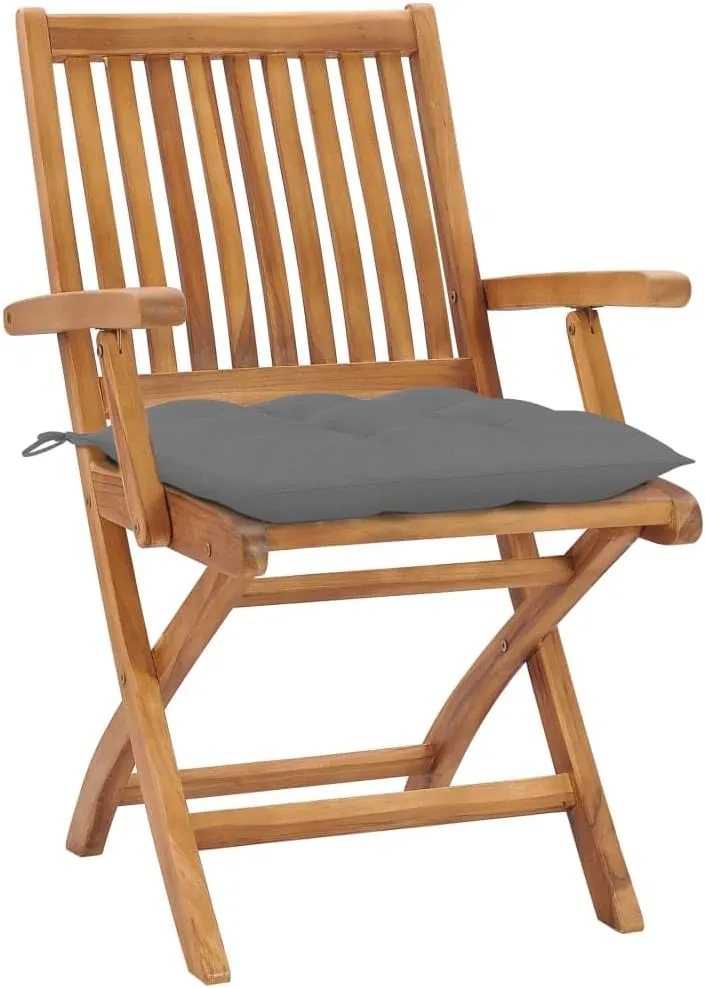 Patio Chairs 2pcs with Gray Cushions Solid Teak Wood Outdoor Furniture Foldable Camping Chairs for Patio Garden Pool
