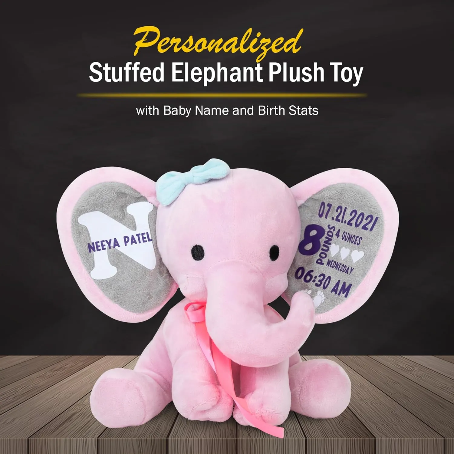 Personalized Stuffed Elephant Plush Toy with Name and Birth Stats - Plush Elephant Stuffed Animals for Baby Shower - Baby Keepsake Gift Custom for Girls and Boys - Pink