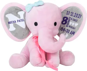 Personalized Stuffed Elephant Plush Toy with Name and Birth Stats - Plush Elephant Stuffed Animals for Baby Shower - Baby Keepsake Gift Custom for Girls and Boys - Pink