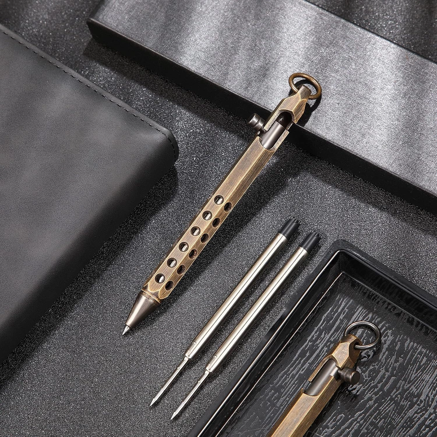 Personalized Bolt Action Pen Gift Set Free Engraved Customed Pocket EDC Brass allpoint Pen with 3 Refills Engravable for Personalization Office Decor Pen for Men (Style 2 - Bronze)