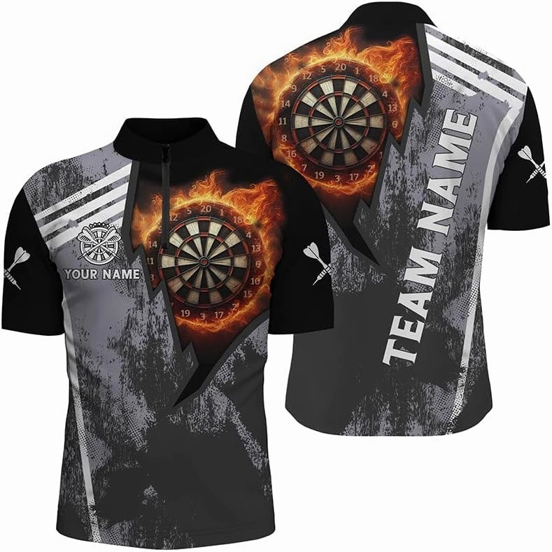 Personalized Dart Jerseys for Men, Dart Shirt, Funny 3D Darts Skull Colorful Fire Darts Men Quarter-Zip