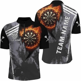 Personalized Dart Jerseys for Men, Dart Shirt, Funny 3D Darts Skull Colorful Fire Darts Men Quarter-Zip