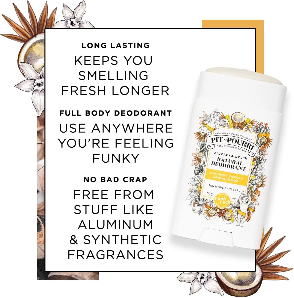 Pit-Pourri All Day-All Over Natural Deodorant, Coconut Vanilla and Sandalwood - 2 Oz (Pack of 2)