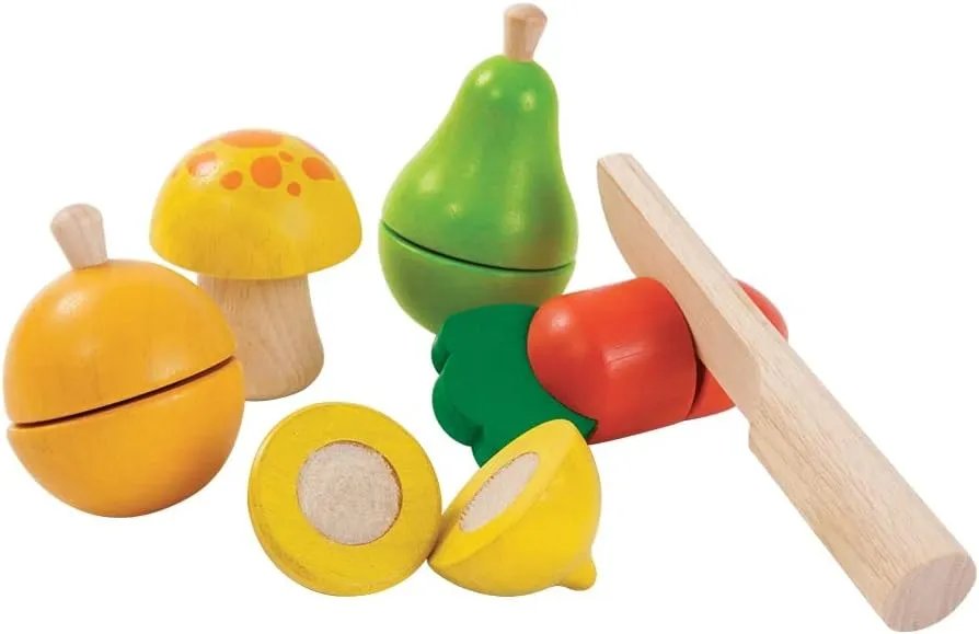PlanToys Wooden Fruit and Vegetable Pretend Play Food Playset with Knife and Velcro (5337) | Sustainably Made from Rubberwood and Non-Toxic Paints and Dyes