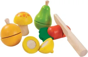 PlanToys Wooden Fruit and Vegetable Pretend Play Food Playset with Knife and Velcro (5337) | Sustainably Made from Rubberwood and Non-Toxic Paints and Dyes