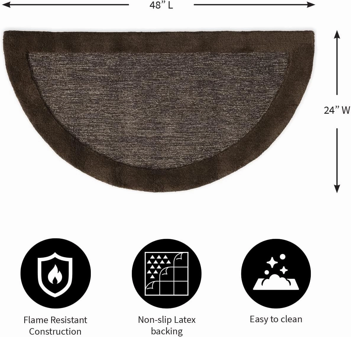 Plow & Hearth 2'x4' Banded Half Round Fireproof Hearth Rug | Charcoal Brown | 100% Wool Mat | Protect Hardwood Floor/Carpet from Sparks & Embers