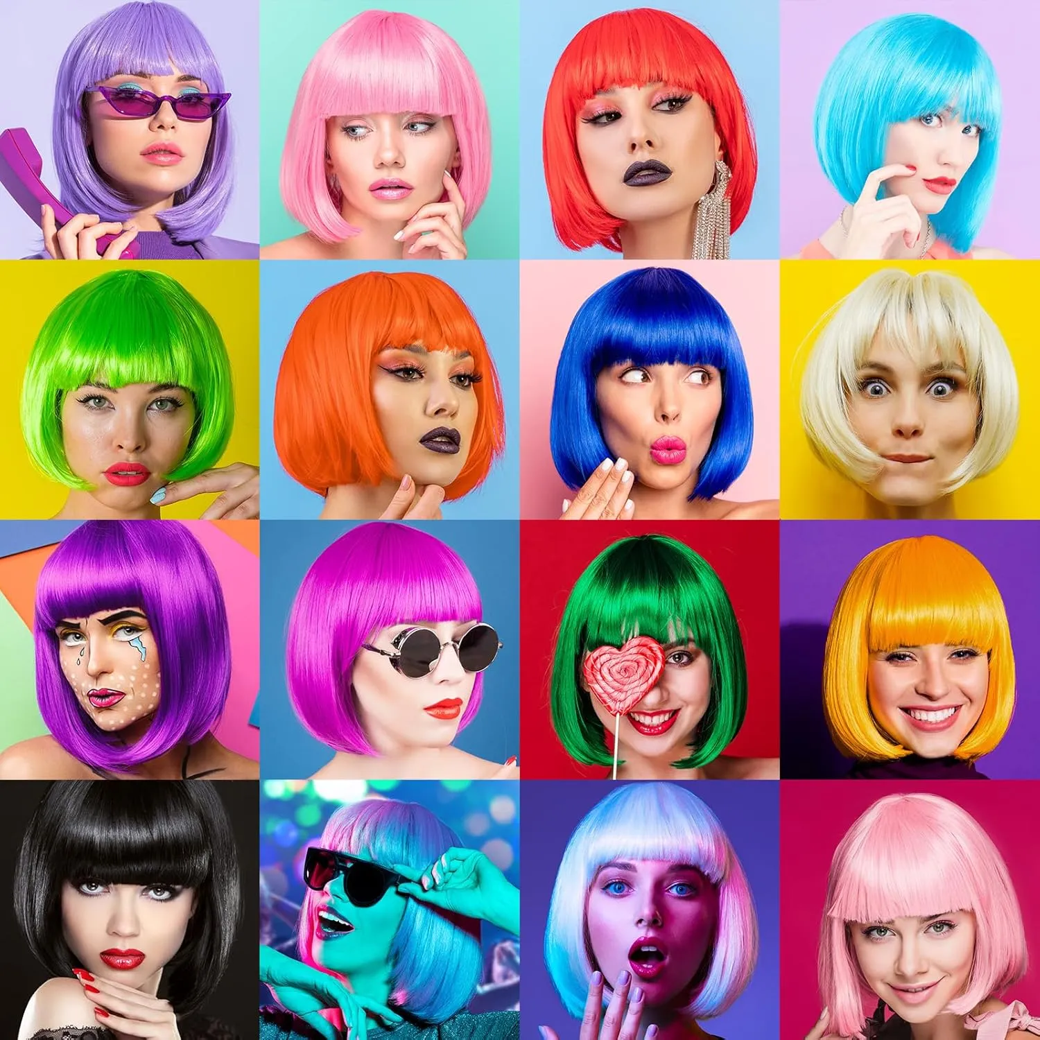 PLULON 14 Pieces Colorful Wigs, Party Wigs and Sunglass Set, Neon Short Bob Wig Sunglass Pack Costume Colorful Cosplay Wig Daily Party Hairpieces Bachelorette Halloween Costume