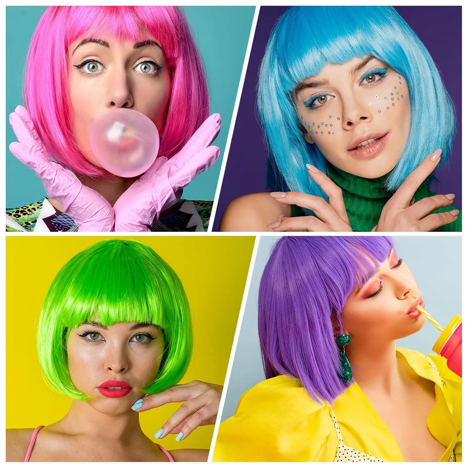 PLULON 14 Pieces Colorful Wigs, Party Wigs and Sunglass Set, Neon Short Bob Wig Sunglass Pack Costume Colorful Cosplay Wig Daily Party Hairpieces Bachelorette Halloween Costume