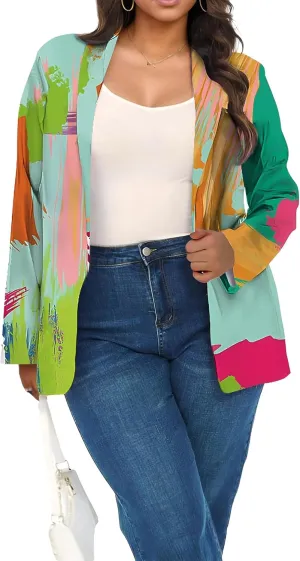 Plus Size Blazers for Curvy Women Sexy Trendy Colorful Oversize Graphic Open Front Jackets
