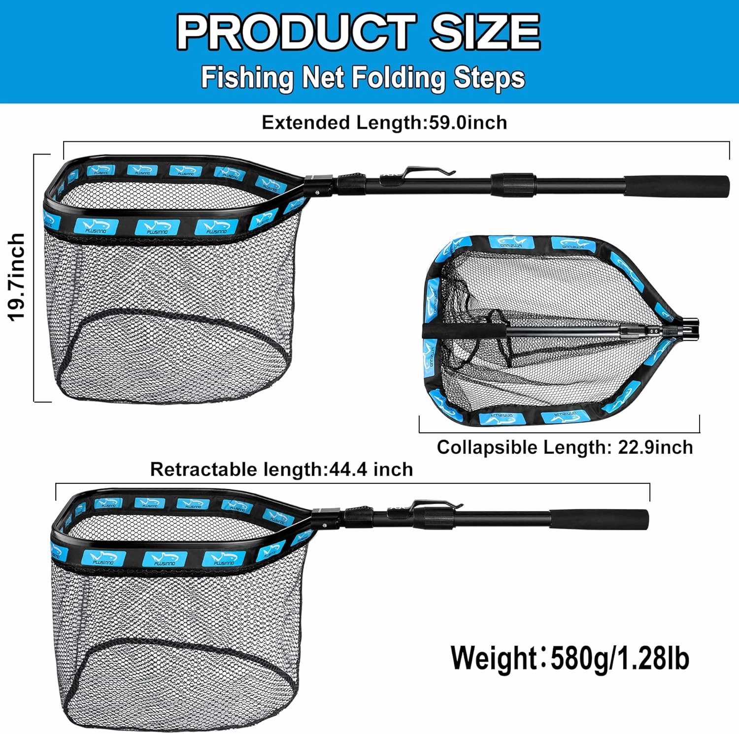 PLUSINNO Floating Fishing Net for Steelhead, Salmon, Fly, Kayak, Catfish, Bass, Trout Fishing, Rubber Coated Landing Net for Easy Catch & Release, Compact & Foldable for Easy Transportation & Storage