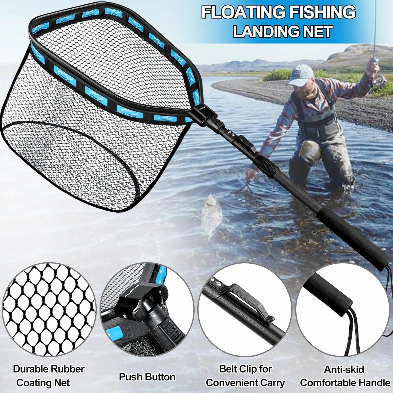 PLUSINNO Floating Fishing Net for Steelhead, Salmon, Fly, Kayak, Catfish, Bass, Trout Fishing, Rubber Coated Landing Net for Easy Catch & Release, Compact & Foldable for Easy Transportation & Storage