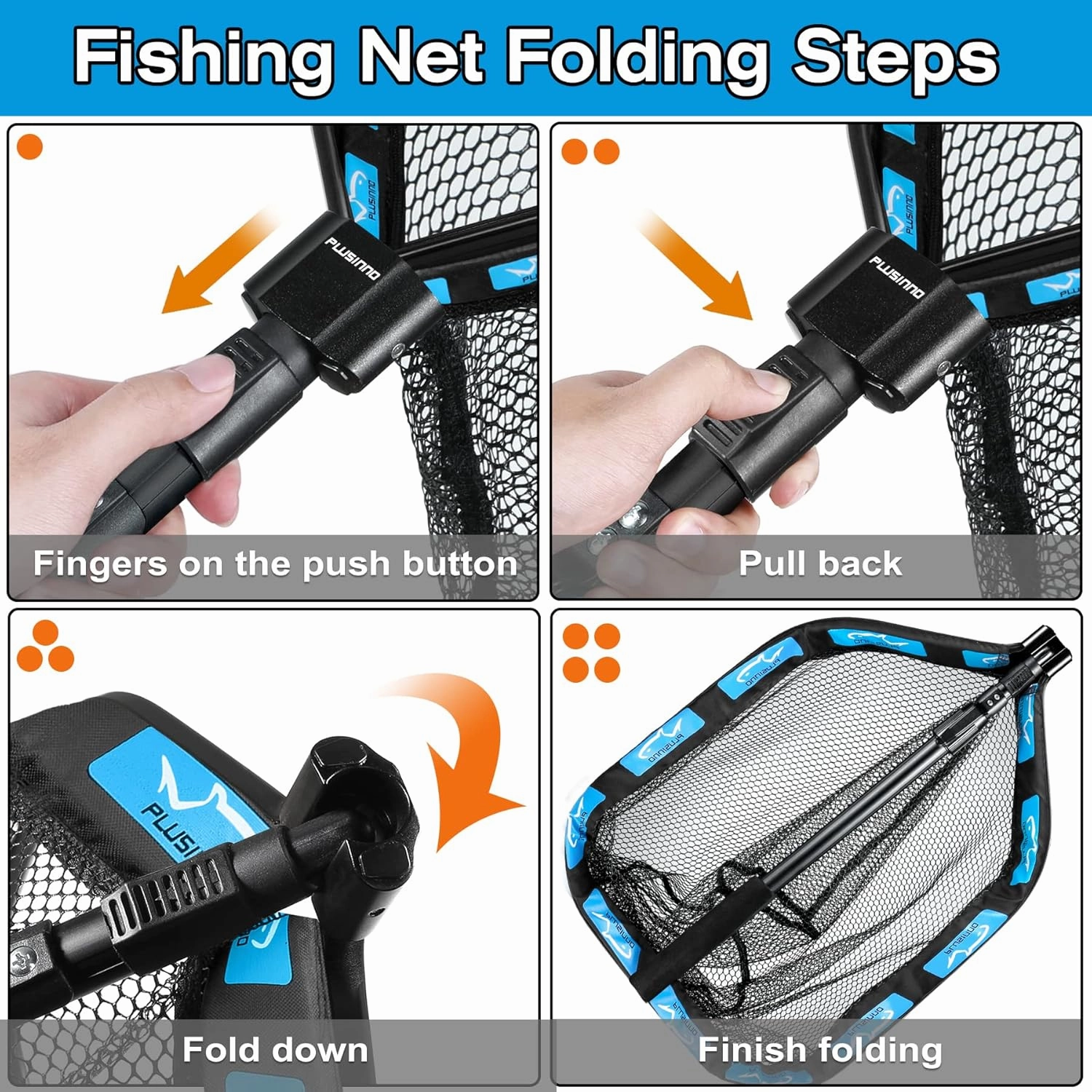 PLUSINNO Floating Fishing Net for Steelhead, Salmon, Fly, Kayak, Catfish, Bass, Trout Fishing, Rubber Coated Landing Net for Easy Catch & Release, Compact & Foldable for Easy Transportation & Storage