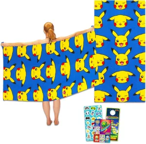 Pokemon Beach Towel Set - Bundle with 27x54 Pikachu Pool Towel Plus Stickers and More | Pokemon Pikachu Beach Towel for Kids and Adults
