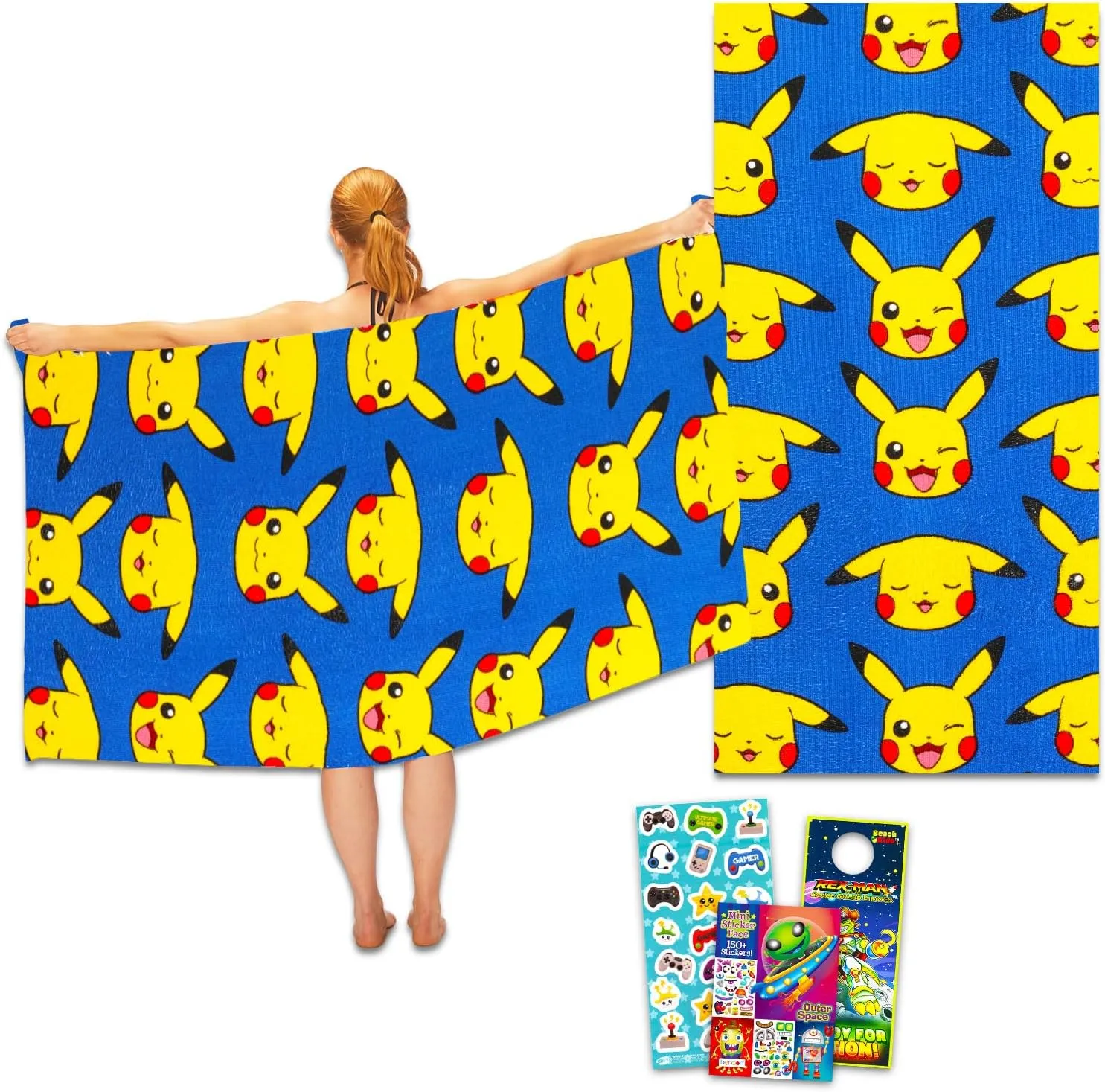 Pokemon Beach Towel Set - Bundle with 27x54 Pikachu Pool Towel Plus Stickers and More | Pokemon Pikachu Beach Towel for Kids and Adults