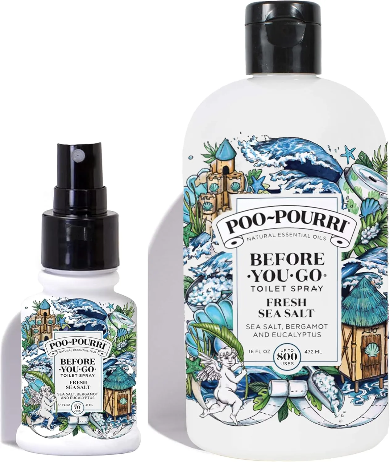 Poo-Pourri Before-You-Go Toilet Spray, Fresh Sea Salt, Refill Bottle 16 Fl Oz and 1.4 Fl Oz Spray- Sea Salt Bergamot Eucalyptus