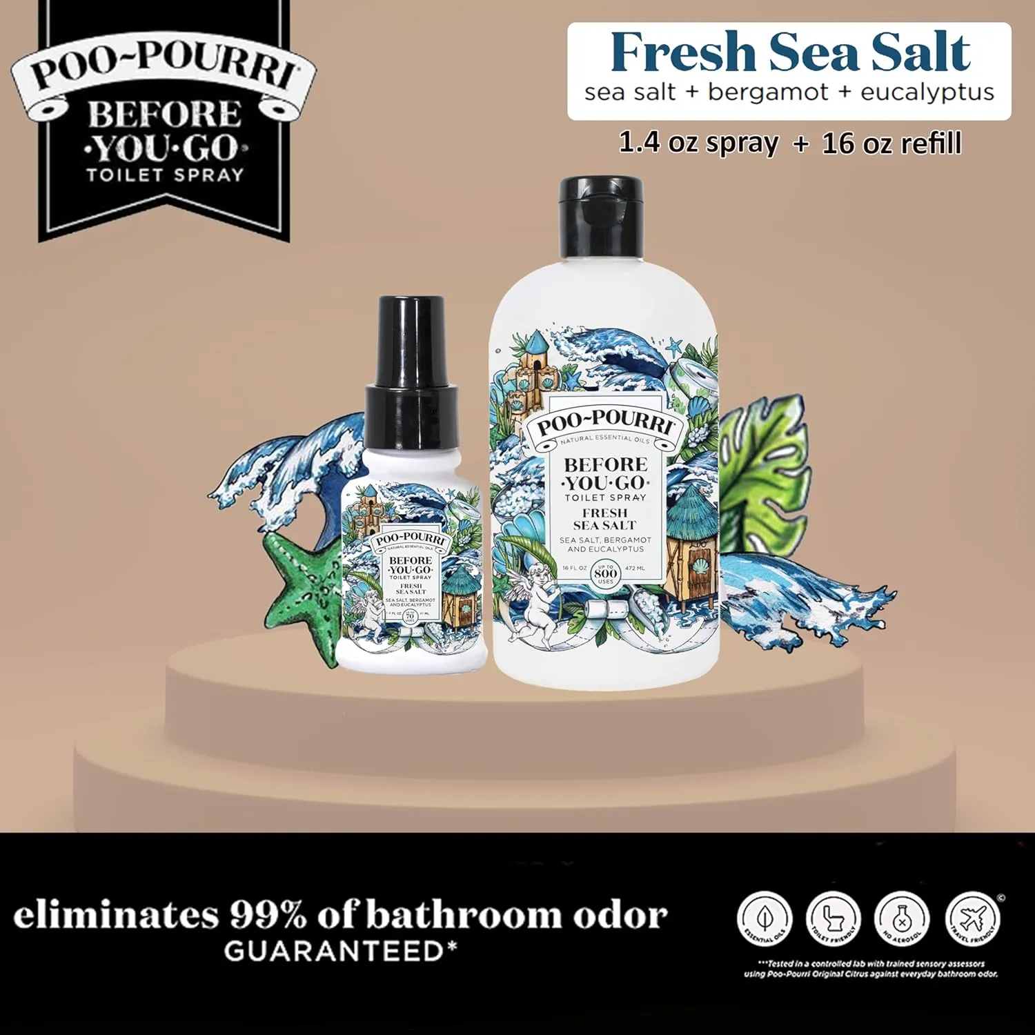 Poo-Pourri Before-You-Go Toilet Spray, Fresh Sea Salt, Refill Bottle 16 Fl Oz and 1.4 Fl Oz Spray- Sea Salt Bergamot Eucalyptus
